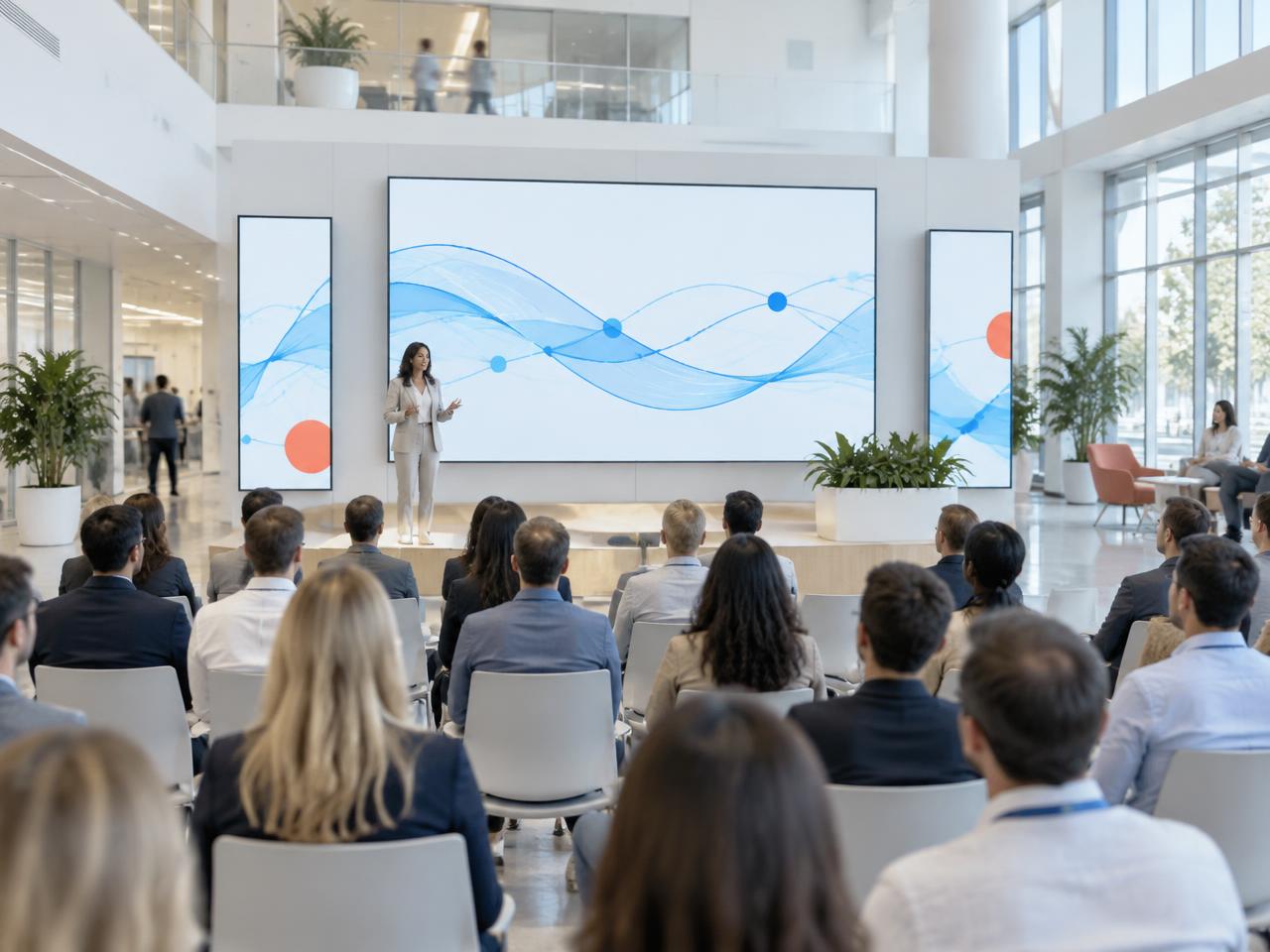 Illustrative bright town hall screen takeover