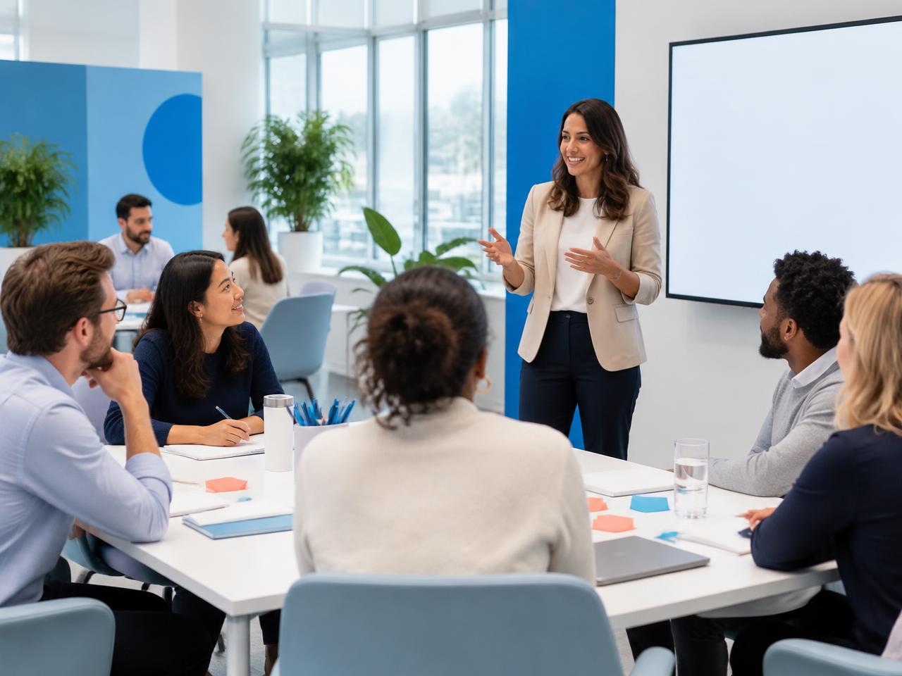 Illustrative internal transformation workshop in a bright office